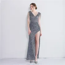 Women Sequined Beaded Slit Short Sleeve Sequined Long Fishtail Dress