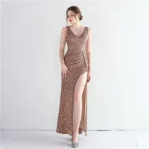 Women Big Beaded Beaded Slit Short Sleeve Sequined Long Fishtail Evening Dress