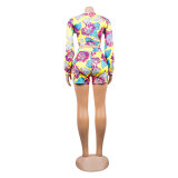 Women Casual printed long sleeve top and shorts two piece set