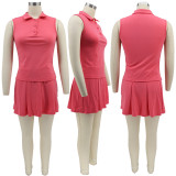 Women sexy Solid vest pleated dress two-piece set