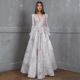 Women Long Sleeve Sequin Embroidery Lace Embroidered Wedding Evening Dress Formal Party dress