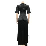 Women Solid Casual Short Sleeve V-Neck Slit Irregular Dress