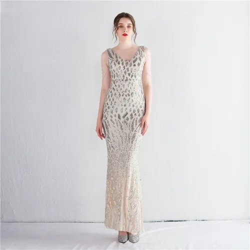 Women Sequin Beaded Slit Short Sleeve Sequin Long Fishtail Dress