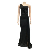 Women Fashion Solid Party One Shoulder Sleeve Dress Long Dress