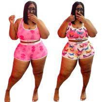 Plus Size Damen Sommer Pink Ärmelloses Tank Top Print Shorts Zweiteiler