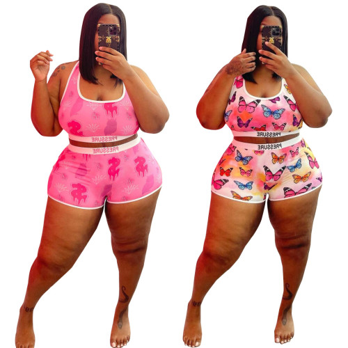 Plus Size Women's Summer Pink Sleeveless Tank Top Print Shorts Two Piece Set