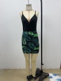 Sexy fashion suspender bodysuit with trendy gathered print skirt