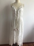 Women summer lace  straps large hem Solid long dress