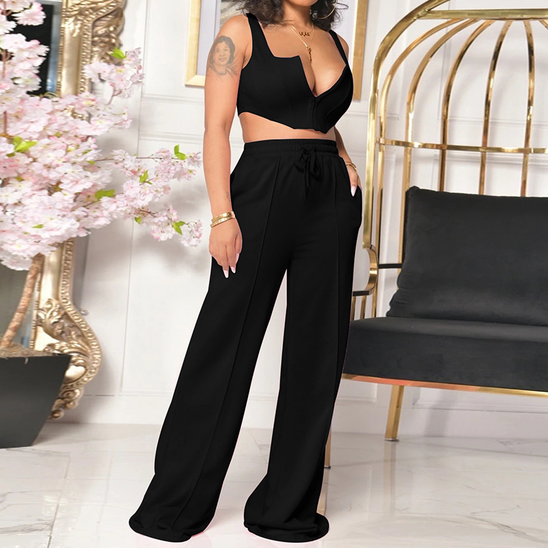 Summer Women Solid sexy crop top and loose wide leg pants two-piece set -  The Little Connection