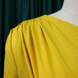 Women Spring Yellow Modest Slash Neck Full Sleeves Solid Pleated Midi Pencil Office Dress