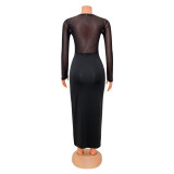 Women's Sexy Tight Fitting Mesh See-Through Solid Color Long Sleeve Dress