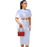 Women's Pleated Casual Style Solid Short Sleeve Two Piece Skirt Set