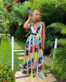 Women's Summer Print Fashion Casual Straps Maxi Dress