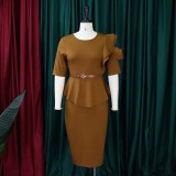 Summer short-sleeved flower solid color large size tight dress with belt