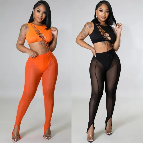 Summer Women's Fashion Sexy Tight Fitting Mesh See-Through Basic Pants