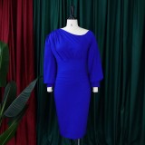 Women Spring Blue Modest Slash Neck Full Sleeves Solid Pleated Midi Pencil Office Dress