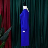 Women Spring Blue Modest Slash Neck Full Sleeves Solid Pleated Midi Pencil Office Dress