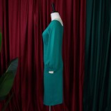 Women Spring Green Modest Slash Neck Full Sleeves Solid Pleated Midi Pencil Office Dress