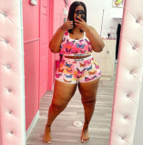 Plus Size Women's Summer Pink Sleeveless Tank Top Print Shorts Two Piece Set