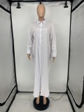 Sonbahar Günlük Beyaz Solid Turn Down Yaka Uzun Kollu Uzun Gömlek Elbise
