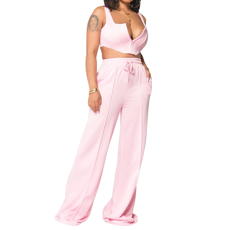 Summer Women Solid sexy crop top and loose wide leg pants two