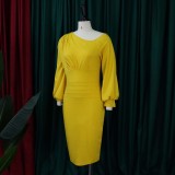 Women Spring Yellow Modest Slash Neck Full Sleeves Solid Pleated Midi Pencil Office Dress