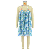 Women Summer Green Casual Strap Sleeveless Floral Print Knee-Length Asymmetrical Holiday Dress