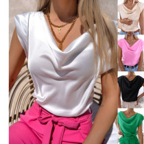 Camisa de verano de color sólido simple de manga corta con cuello oscilante para mujer, top para mujer