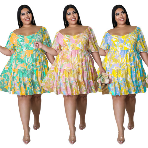Plus Size Women's Summer Sexy Off Shoulder Print Dress