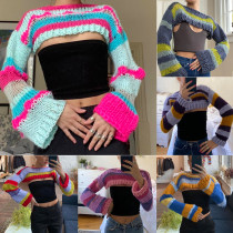 Chemisier à tricoter pour femmes d'été haut femmes multicolore Patchwork châle à manches longues haut court femmes