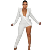 Fashion Sexy Solid Color Tight Fitting V Neck Long Sleeve Jumpsuit Women
