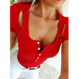 Summer solid color short-sleeved v-neck hollow Casual Tight Fitting T-shirt women