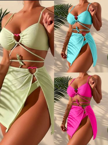 Nervürlü düz renk üç parça mayo bikini bikini