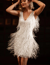 Witte jurk Sling diepe V-fringe chique sexy evenementjurk