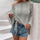 Spring Summer style sweater women's solid color hollow drawstring women's knitting shirt top