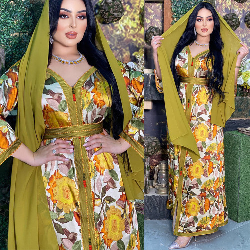 Long Printed Belt Ladies Jalabiya Muslim Dress