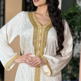 abaya Women's Beaded Lace Robe Muslim White Satin Jacquard Dress