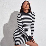 Women's Sexy Slim Dress Simple Long Sleeve Round Neck Slim Black and White Striped Dress Summer