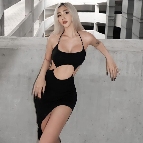 Women's Summer Fashion Sexy Low Back Cutout Slit Slim Dress