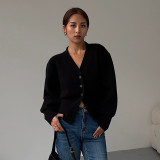 Autumn short v-neck top retro lazy style solid color knitting cardigan sweater jacket