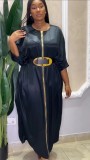 Muslim Zip Belt Round Neck Short Sleeve Robe African Dress