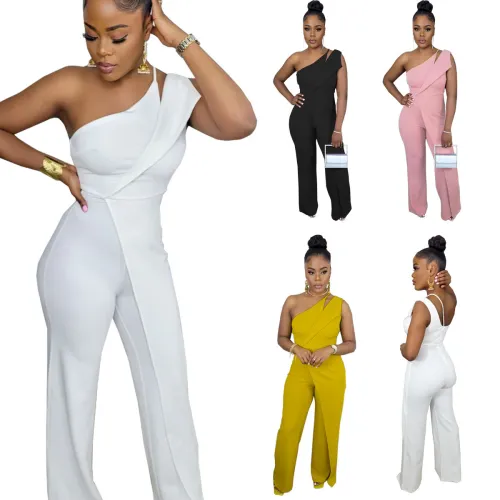 Women's Fashion Casual One Shoulder Back Invisible Zipper Sleeveless Wide Leg Jumpsuit Bodysuit