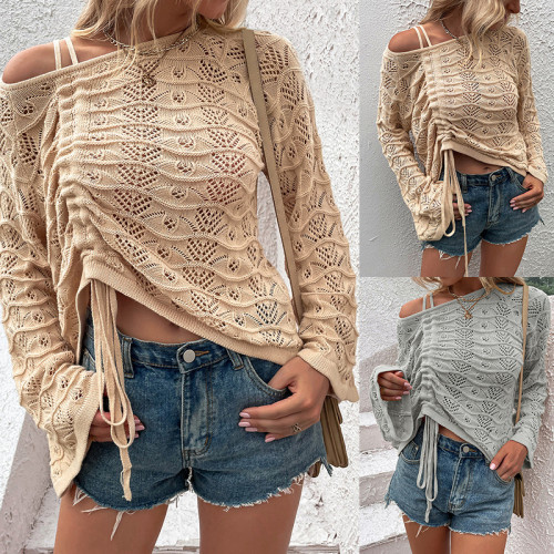 Spring Summer style sweater women's solid color hollow drawstring women's knitting shirt top