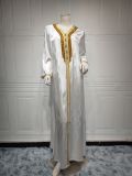 abaya Women's Beaded Lace Robe Muslim White Satin Jacquard Dress