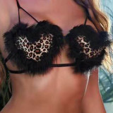 Sexy Heart Cup Leopard Fur Two Piece Bra and Panty Set