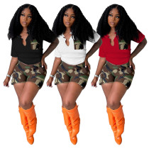 Short camouflage à manches courtes pour femmes deux pièces patchwork poche élastique impression numérique costume femmes