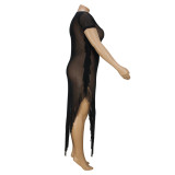 Irregular Short Sleeve Mesh Plus Size Dress See-Through Sexy V-Shaped Fringe Maxi Dress