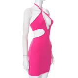 Women Summer Solid Casual Cutout Sleeveless Halter Neck Short Dress