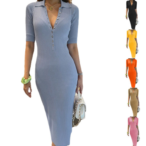 Bahar Kadın Modası Düz ​​Renk Kısa Kol Düğmeli Midi Elbise