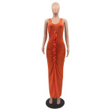 Women's Sleeveless Solid Pleated Slit Dress